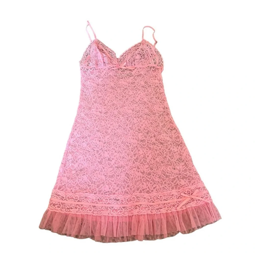 Vintage y2k Victoria’s Secret dollcore pink sheer lace slip dress Teddy ruffle - Picture 5 of 10